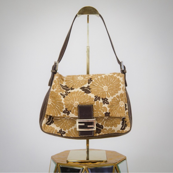 Fendi Handbags - ULTRA RARE Fendi Brown Leather & Canvas Floral Mama Forever Baguette Bag
